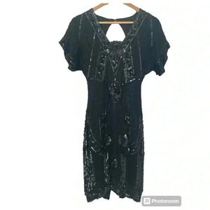 Sweelo Vintage Womens Silk Beaded Sequin Evening Dress